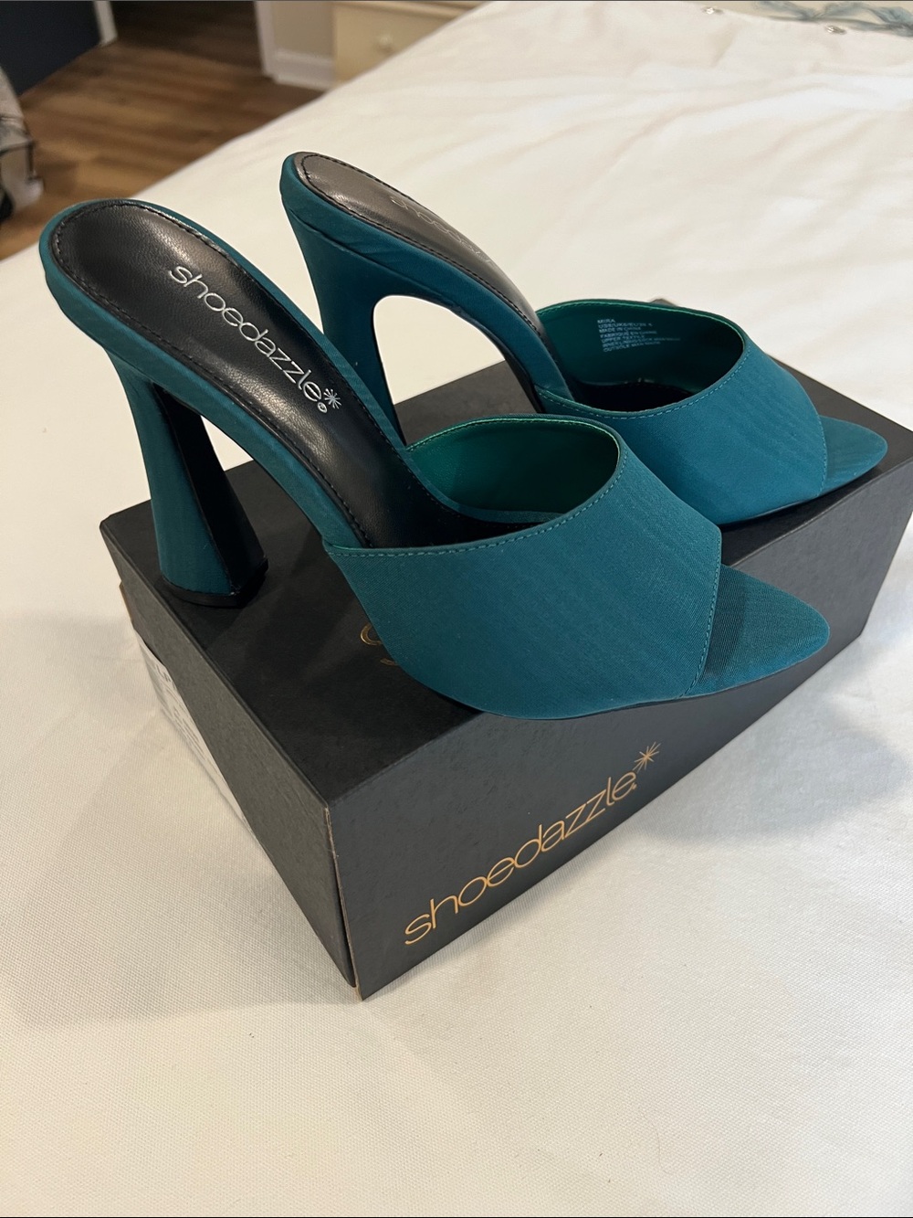 Shoe Dazzle Teal Open-Toe Mule Heels